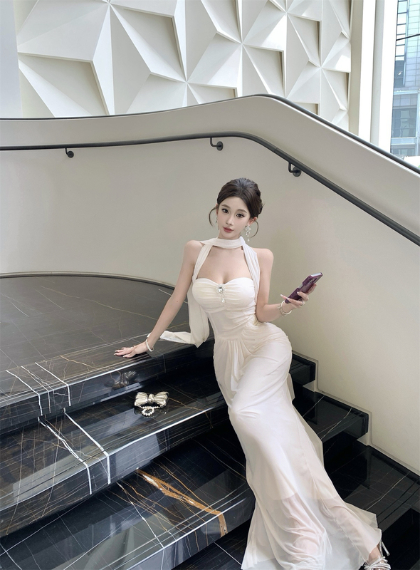Coconut's Unique Summer Greek Goddess Ribbon-Style Tube Top Halter Neck Slim-Fitting Elegant Bodycon Long Dress for Women