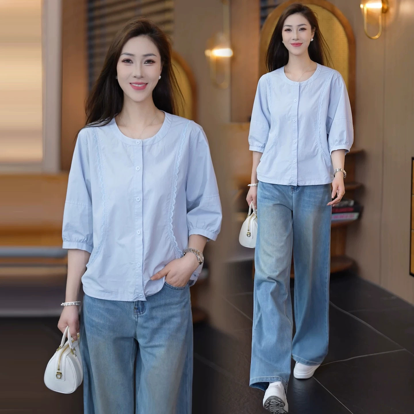 时尚短袖衬衫女2026夏季新款洋气宽松显瘦蕾丝拼接小衫小个子上衣