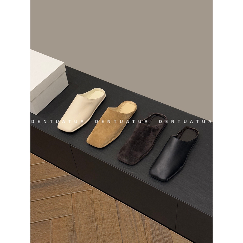 Dentuatua Is Extremely Gentle! 26Ss Retro Genuine Leather Square-Toe Flat Mule Slippers for Women Dentuatua Is Extremely Gentle! 26Ss Retro Genuine Leather Square-Toe Flat Mule Slippers for Women