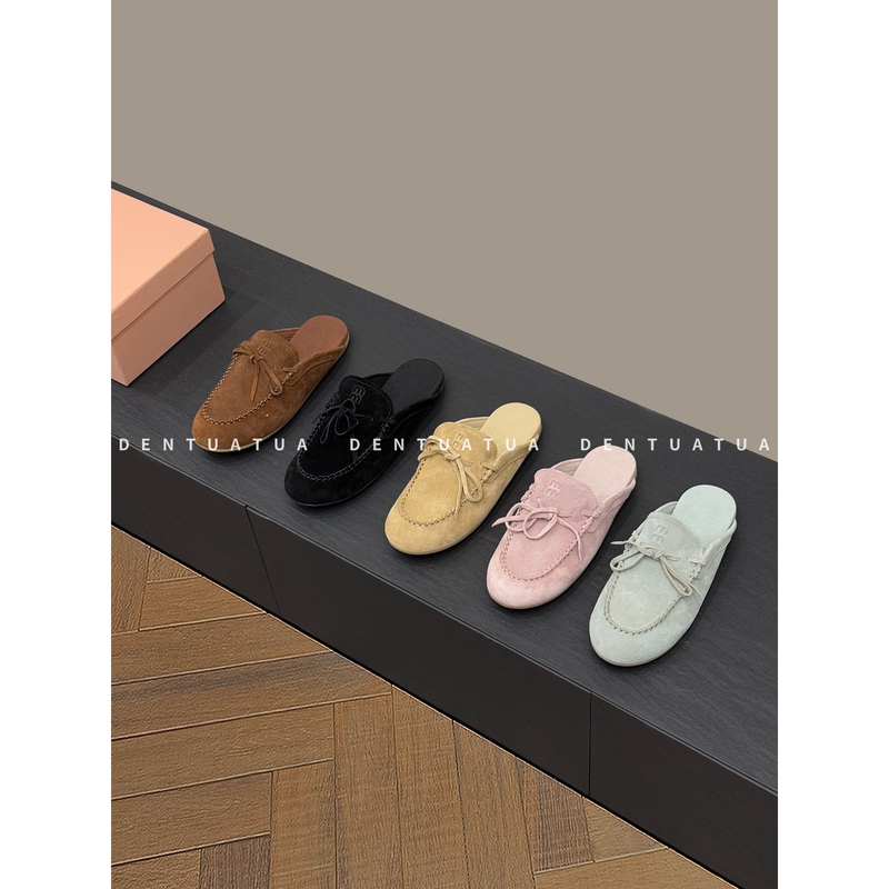 Dentuatua Lazy People's Paradise! 26Ss Bow Lettered Slip-On Loafers Mules with Closed Toe for Women