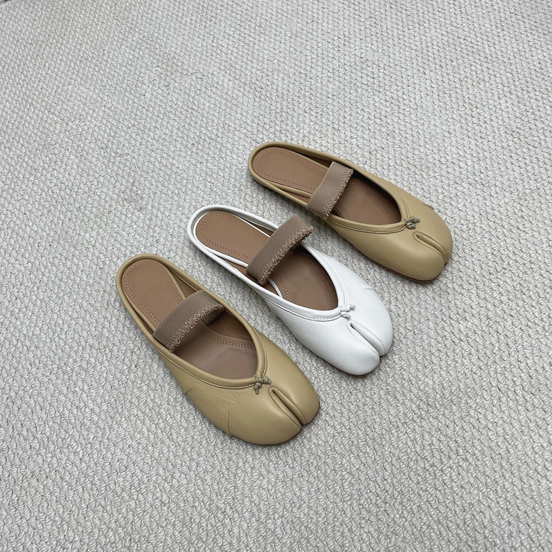 High-Quality Genuine Leather Pleated Lace-Up Split-Toe Slippers for Women, Pig's Hoof Ballet Shoes, Elastic Ballet Shoes for Summer Outdoor Wear