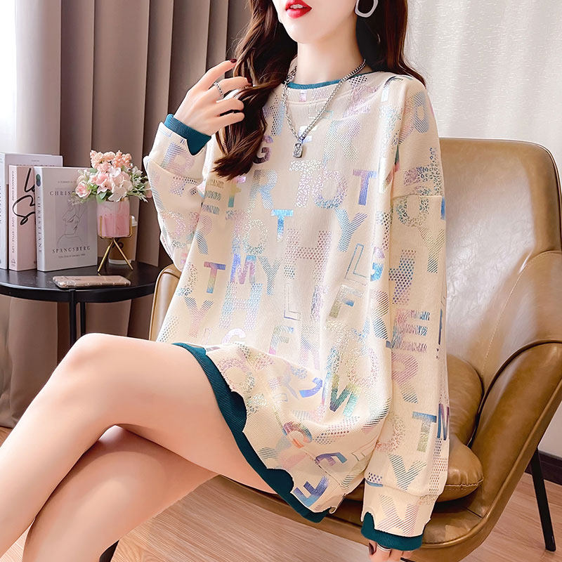 Hong Kong style stitching fake two pieces of fat mm colorful long sleeve thick cotton T women's loose belly jacket plus size women's lazy style