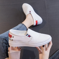 Womens shoes 2021 spring single shoes a pedal cowhide white shoes women flat rhinestones super soft leather shoes women