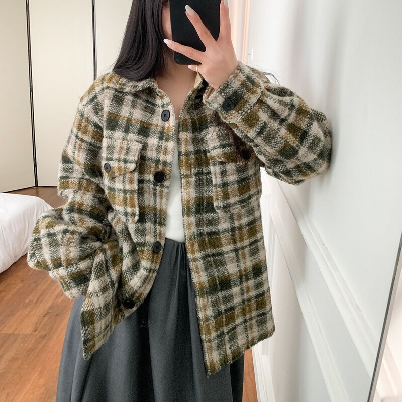 Jem Spring and Autumn Wool Blend Retro Plaid Coat for Women, Loose-Fitting Woolen Coat, Mid-Length Jacket