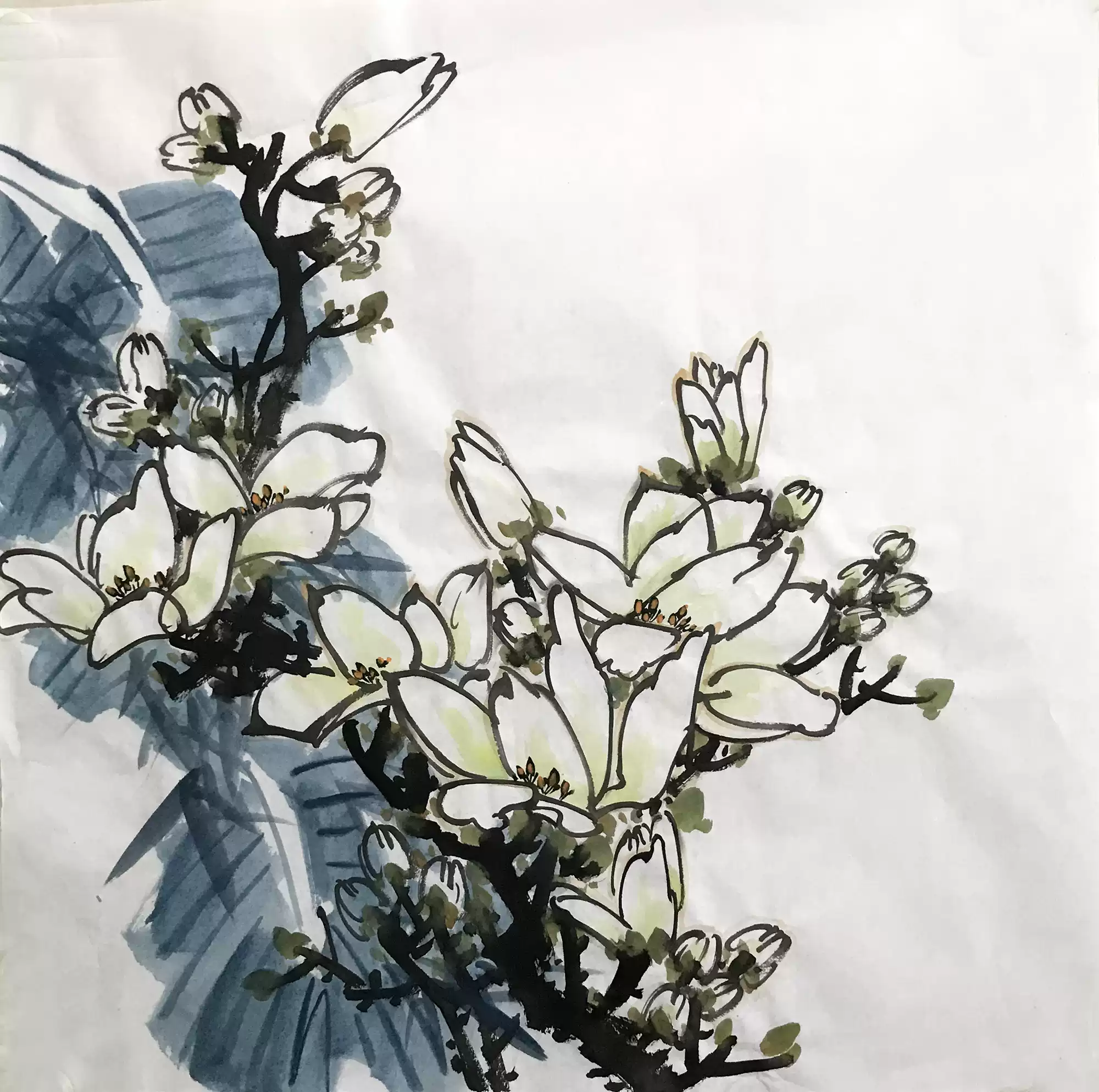 水墨画玉兰花百合国画四尺斗方无款手绘写意花鸟中式装饰玄关背景-淘宝
