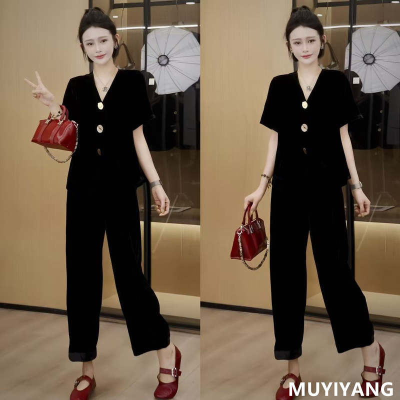 Velvet Unique and Stylish Black Top with Large Buttons + Casual Pants Two-Piece Set for Women, Loose Plus Size Suit