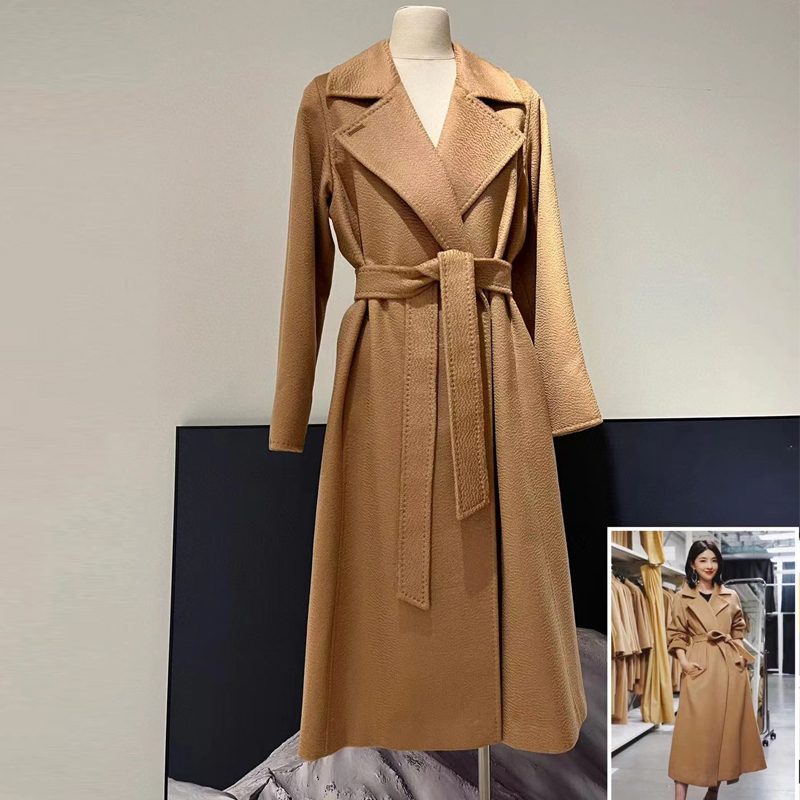 M Brand Manuela Camel Wool Lined Water Ripple Coat for Women, Camel Color, Mid-Length, Slim Fit, Similar to Sun Li's Style M Brand Manuela Camel Wool Lined Water Ripple Coat for Women, Camel Color, Mid-Length, Slim Fit, Similar to Sun Li's Style