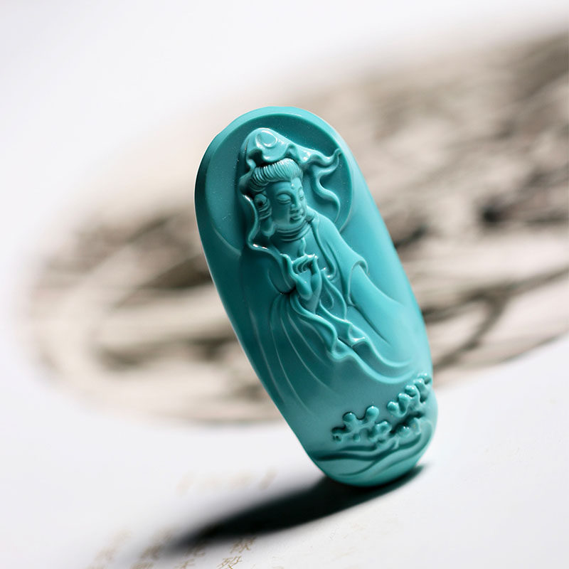 Original ore turquoise Guanyin pendant pendant Sugong Zhang Jiadong works Yajiaoshan high porcelain pure jade material