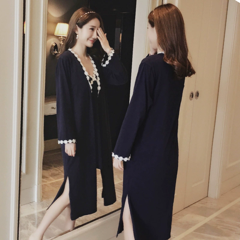 Váy ngủ phụ nữ mùa xuân và mùa thu dài tay bộ hai mảnh có đệm ngực áo lót ngủ mùa hè đồ ngủ ren dài gợi cảm - Đêm đầm