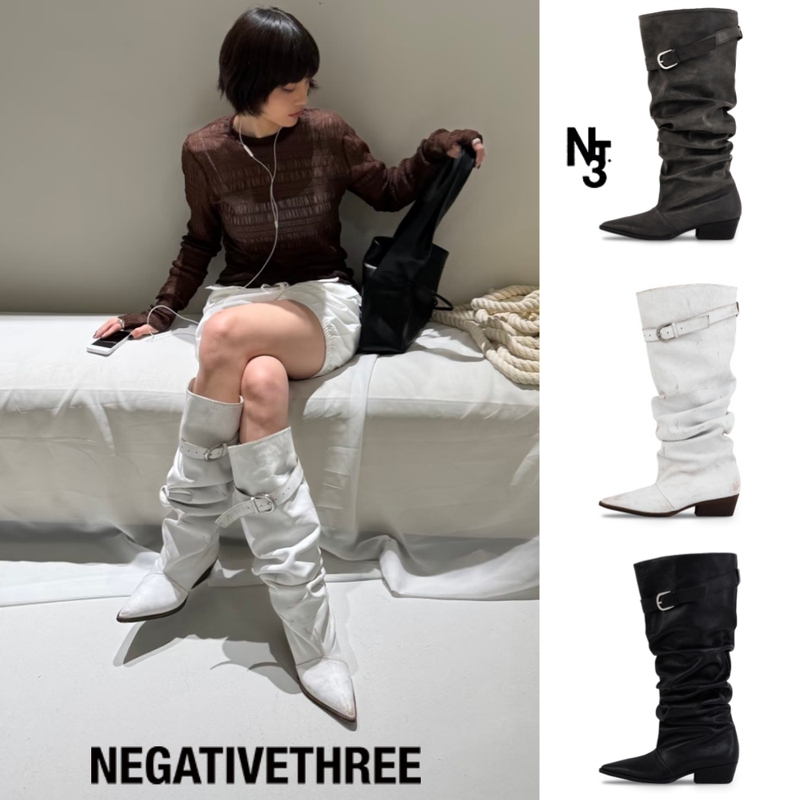 Korean Genuine Negativethree Distressed Pointed Toe Chunky Heel Buckle Knight Boots Nt3 Slouch Boots High-Top Women's Boots Korean Genuine Negativethree Distressed Pointed Toe Chunky Heel Buckle Knight Boots Nt3 Slouch Boots High-Top Women's Boots