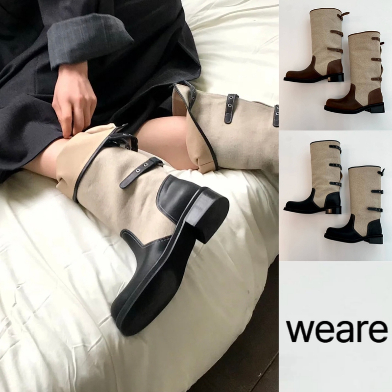 Korean Genuine Weare Vintage Canvas Patchwork Riding Boots with Adjustable Leg Circumference, Mid-High Tube Slouch Boots Korean Genuine Weare Vintage Canvas Patchwork Riding Boots with Adjustable Leg Circumference, Mid-High Tube Slouch Boots