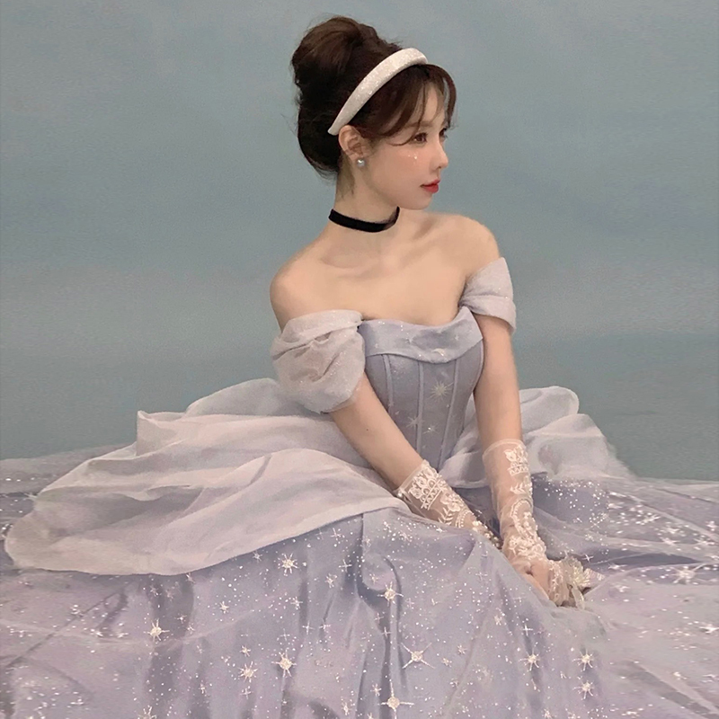 Blue Off-The-Shoulder Themed Wedding Dress for Brides 2026 New Style Petite Runaway Princess Going Out High-End Travel Photography Dress