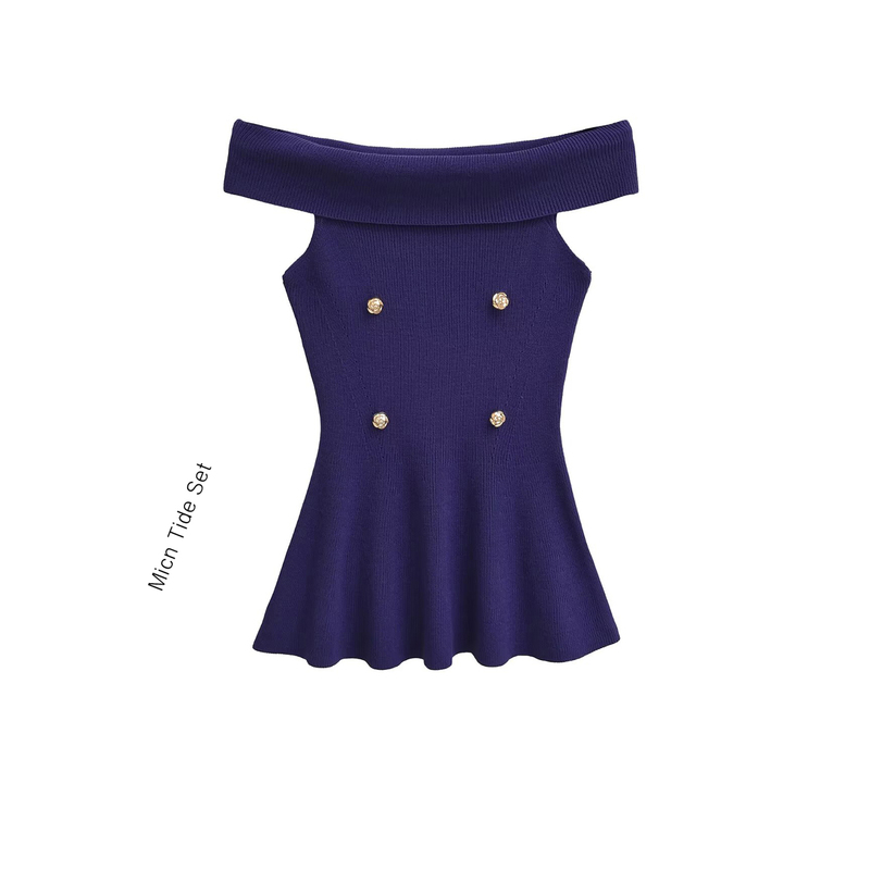 Bm Micn Gentle and Elegant Sexy Off-Shoulder Short-Sleeve T-Shirt for Women with Double-Breasted Ruffle Waist-Cinching Knit Top