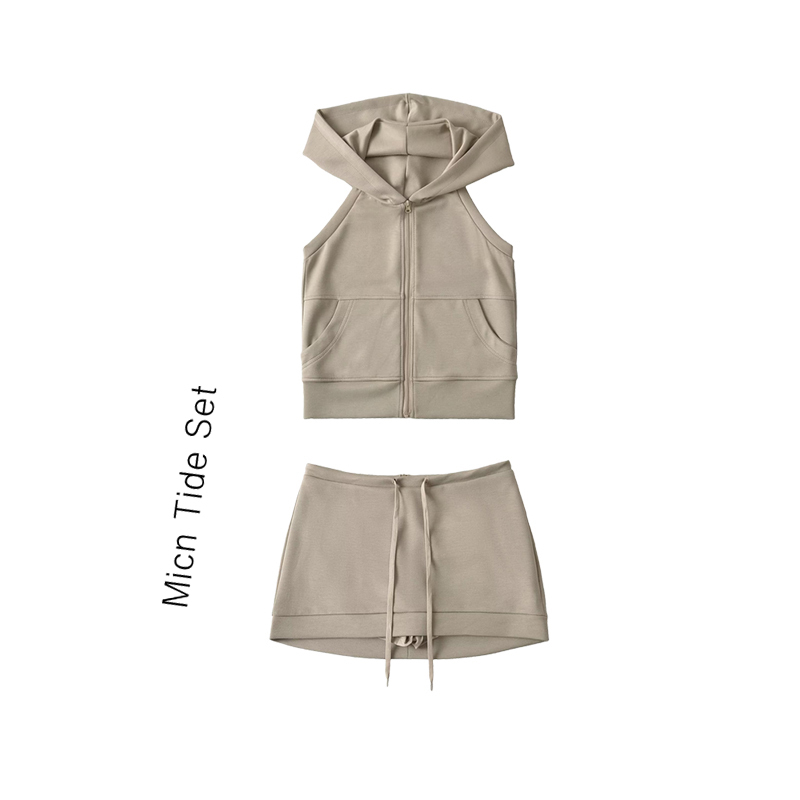 Manhattan Block Wasteland Style Backless Hooded Sleeveless Top Women's American Style Suit Summer Hooded Vest Drawstring Shorts