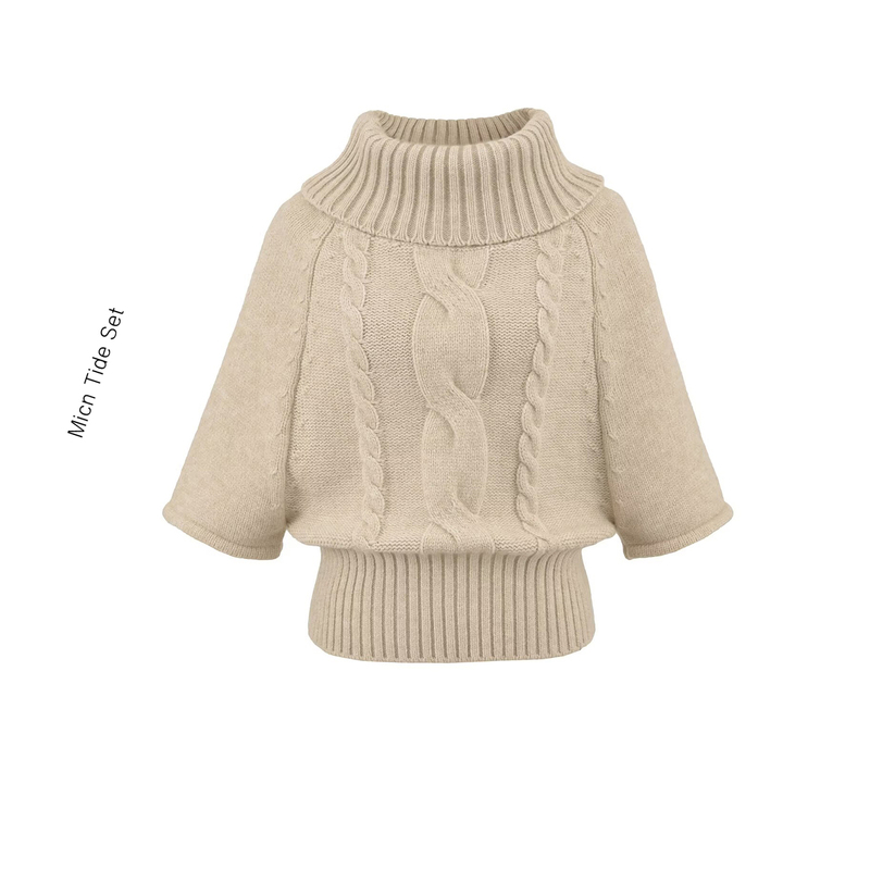 Bm Micn Atmospheric Versatile Retro Twist Turtleneck Cape Sweater Autumn and Winter Loose Mid-Sleeve Knitwear
