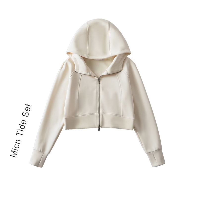 American-Style Air Layer Patchwork Zipper Hooded Cardigan Sweatshirt Jacket for Women, Loose Casual Sports Short Jacket Trendy