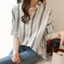 Cotton Linen Shirt Woman Short Sleeve 2022 Summer Dress New Han Fan Fat Mm Easy To Lean Foreign Air Big Code Stripe Clothes