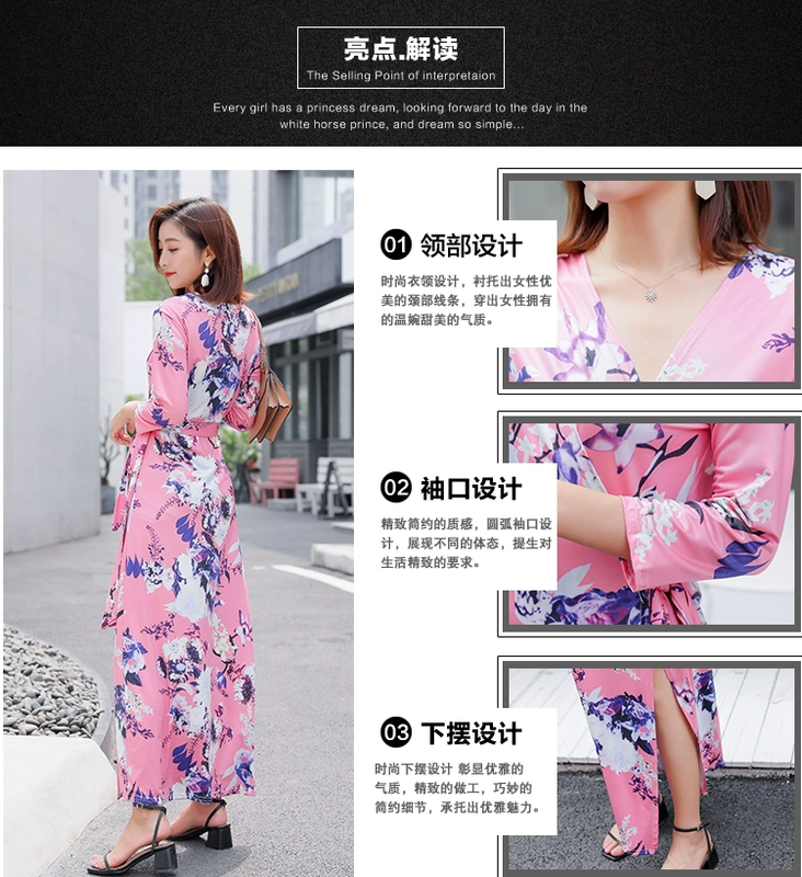 Váy dài họa tiết hoa boho váy đầm xẻ xẻ dài váy retro cổ chữ V thon gọn váy mùa thu đầm đen dài