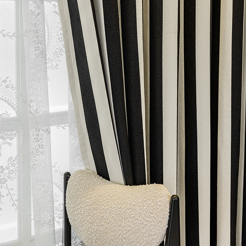 Simple Modern Double-Sided Chenille Black and White Vertical Striped French Retro American Style Light-Blocking Partition Curtain