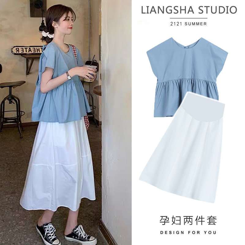 Pregnant woman suit Summer thin snow-spinning shirt blouses net red gestation woman dress in summer dress Fashion half body dress Two sets summer