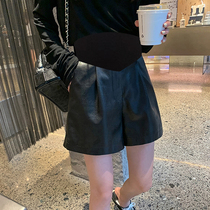 Gestational Mother Leather Shorts Autumn Winter High Waist Display Slim Exterior Wearing Fashion 100 Hitch Loose Broadleg PU Leather Beat Bottom Shorts Boots