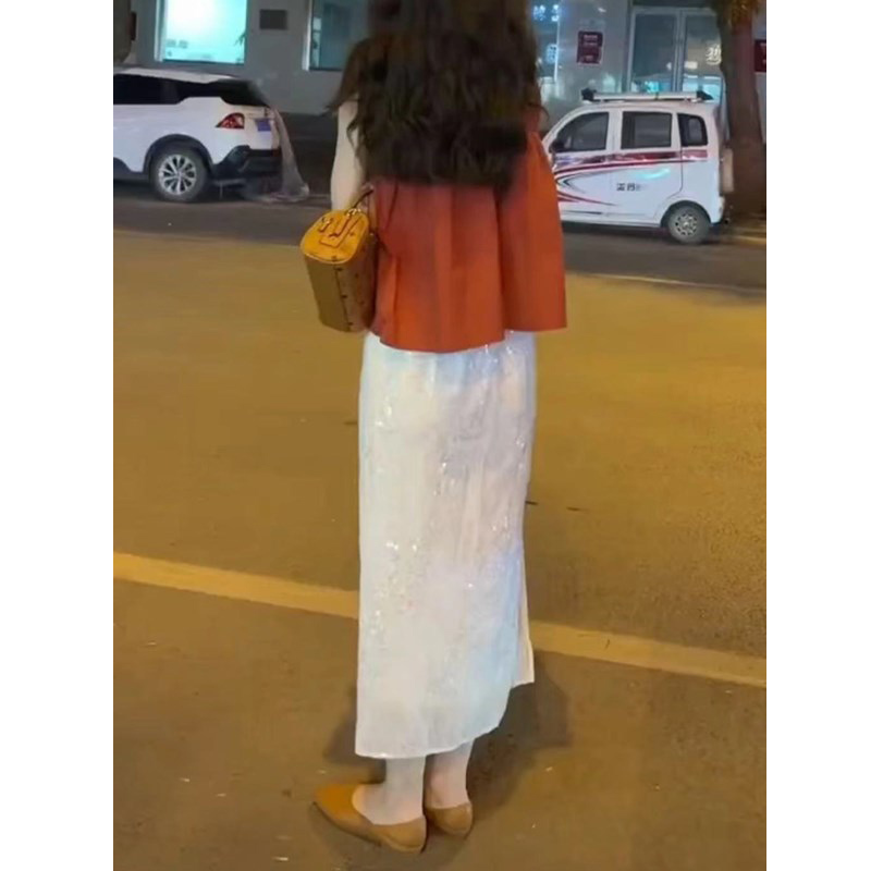 Summer Korean Style Versatile Fashionable White Sequin Sparkling Fairy-Like High-Waisted Slimming Mid-Length Lined Skirt for Women