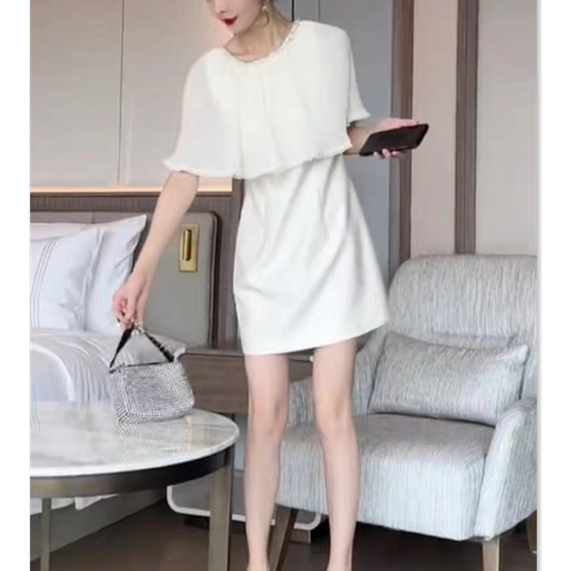 Korean Style New White Elegant Midi Dress with Heavy Embellishments, Pleated Cape Shoulder, Fashionable Backless Sexy Dress