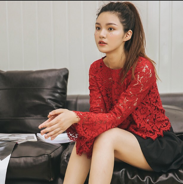 Lace Base Shirt for Women, Long-Sleeved, New Spring and Autumn Korean Style, See-Through Hollow Red Bell-Sleeve T-Shirt, Round-Neck Top for Women