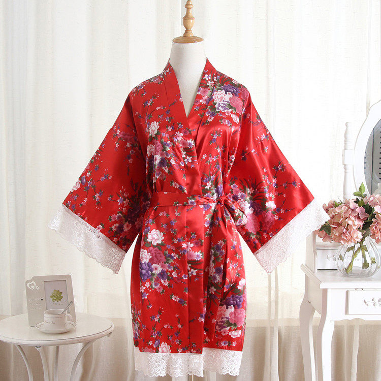 Spring and summer small cherry blossoming lace lace cardiovert sleepwear gown emulated silk bridal gown lady bathrobe silk home conserved
