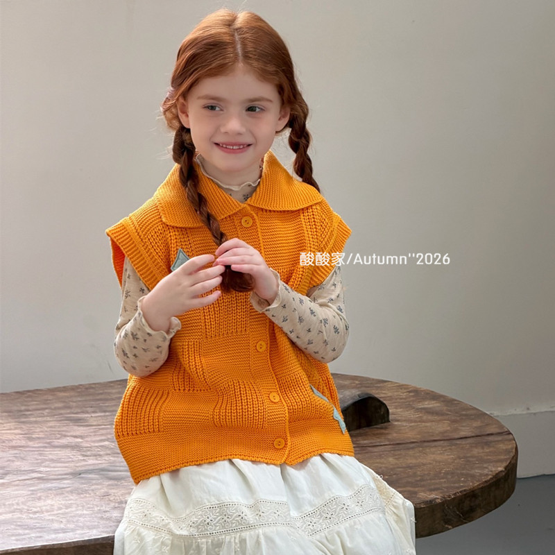 Girls' Orange and Yellow Lapel Patch Cute Vest Autum New Korean Style Baby Girl Loose Knitted Sleeveless Sweater