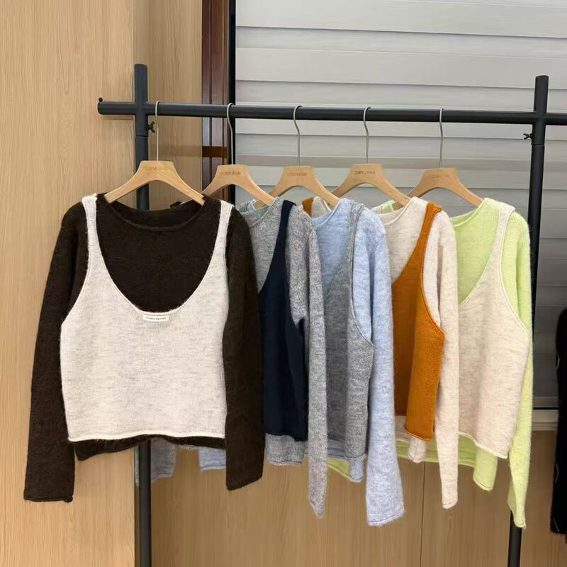 Korean-Style Lazy Chic Knit Vest Two-Piece Set for Women, 2026 Autumn Outfit, Layered Base Shirt and Camisole Set Korean-Style Lazy Chic Knit Vest Two-Piece Set for Women, 2026 Autumn Outfit, Layered Base Shirt and Camisole Set