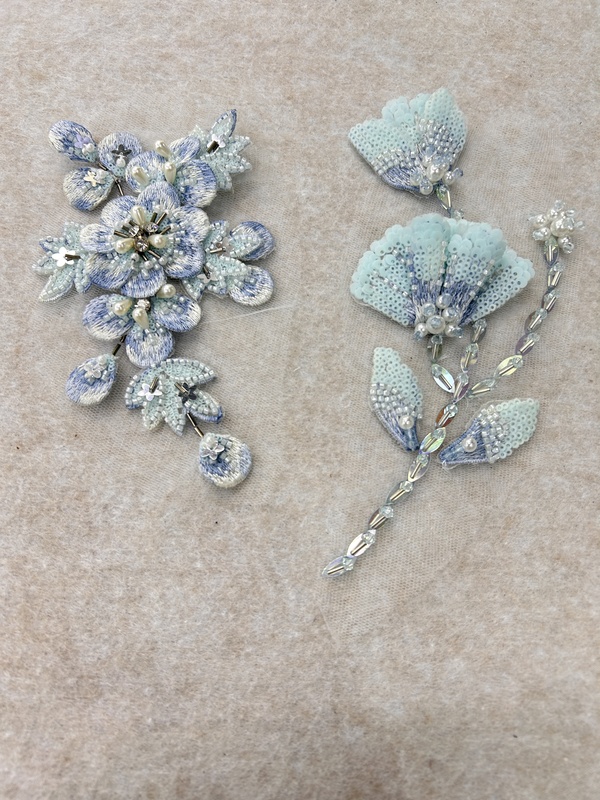 Ice Blue Handmade Beaded Embroidery 3D Flower Patches, Mesh Lace Floral Accessories for Hanfu and Wedding Dress Clothing Patches