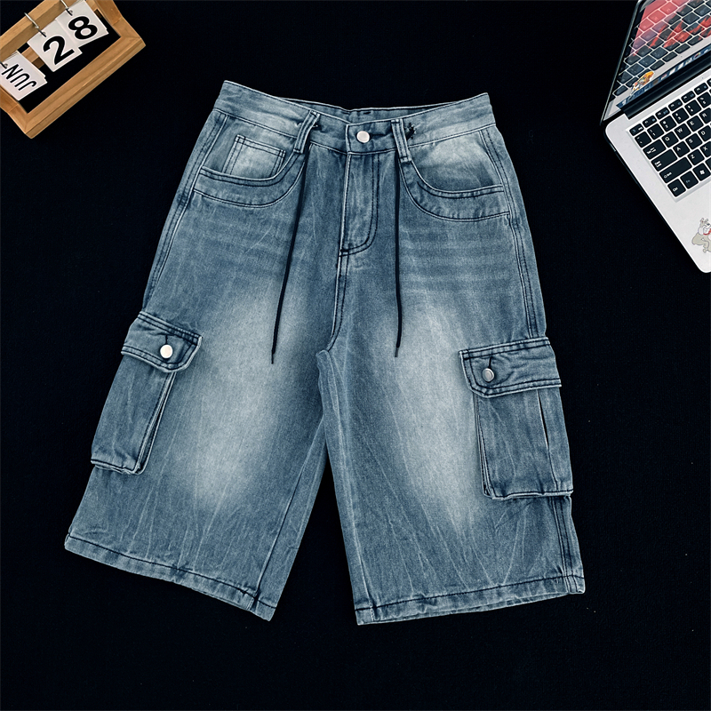 Multi-Pocket Workwear Denim Shorts for Men, Summer Thin Loose American High Street Pants, Trendy Brand, Cool Retro Cropped Pants Multi-Pocket Workwear Denim Shorts for Men, Summer Thin Loose American High Street Pants, Trendy Brand, Cool Retro Cropped Pants