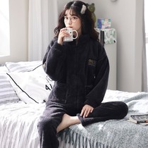 Japanese gp coral velvet pajamas ladies new autumn and winter thickened and velvet flannel dark gray homewear suit
