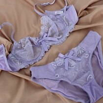 European and American new large size ultra-thin transparent embroidery sexy mesh womens underwear bra set purple bow