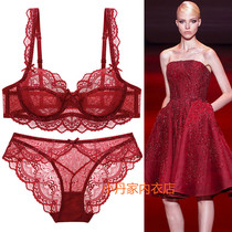 Zodiac year red sexy ultra-thin lace bra set large size big chest showing small anti-sagging adjustable underwear E