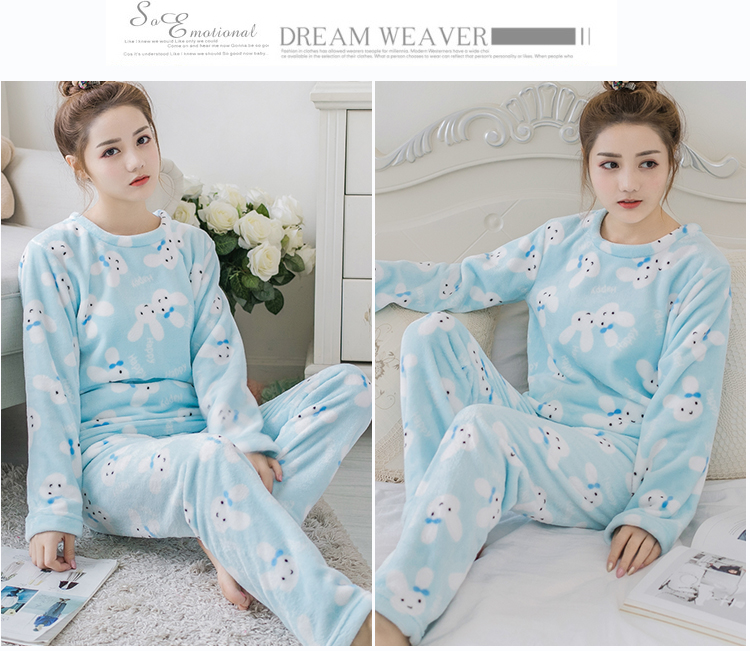 Bộ đồ ngủ mùa thu và mùa đông của phụ nữ flannel thêu hoạt hình lông cừu san hô dễ thương bộ đũi nam