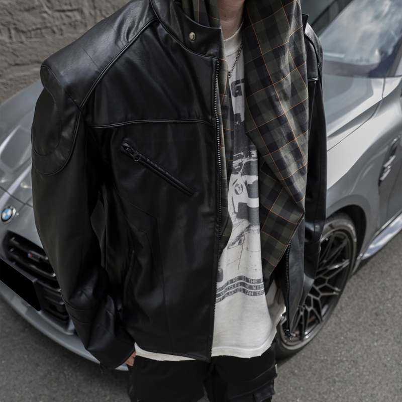 Dode Motorcycle Leather Jacket with Skeleton Zipper, Pu Leather, Three-Dimensional Dark Style, Loose Fit, Shoulder Pads, Short Wide National Trend Leather Jacket
