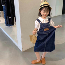 Korean version 2022 Summer girl short sleeve white shirt denim harness dress Two sets children foreign air trendy suit