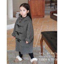 Korean style childrens clothing girls coat 2024 new childrens gray claw button woolen coat mid-length fashionable and versatile