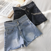 trạm châu Âu quần short mùa hè denim nữ cổng hương vị chic eo cao châu Âu lỏng mỡ đang lớn mm thêu quần mỏng nóng