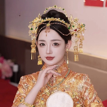 Junxinjia bridal luxury dragon and phoenix gown Xiaowufu bridal headwear gold and green retro hairpin and headband multi-piece set