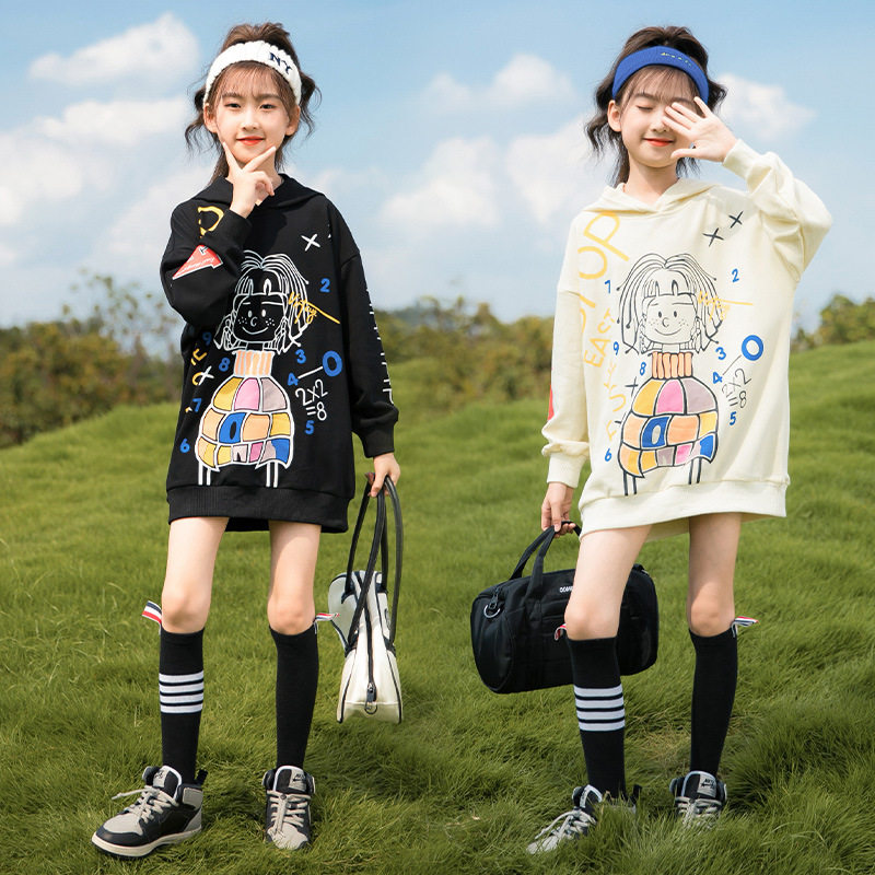 Korean girls spring clothes cartoon foreign style fashionable middle and large children sweatshirt mid-length casual dress parent-child top tide