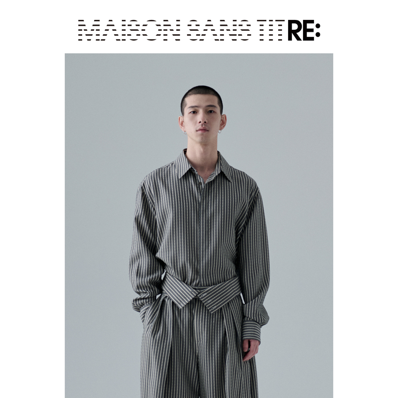 Re: by Maison Sans Titre Gray and White Striped Jacquard Fabric Cross-Buttoned Hem Two-Way Shirt