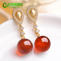 Yizhen Pavilion amber ball drop earrings Super fairy blood pearl stud earrings retro style earrings Womens gold ear jewelry hypoallergenic