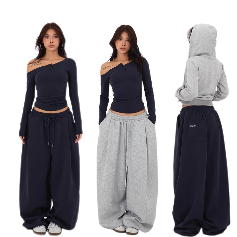 American Hip-Hop Style Retro Letter Embroidery Casual Pants for Women, Jazz Dance Loose Slimming Versatile Wide-Leg Sports Sweatpants