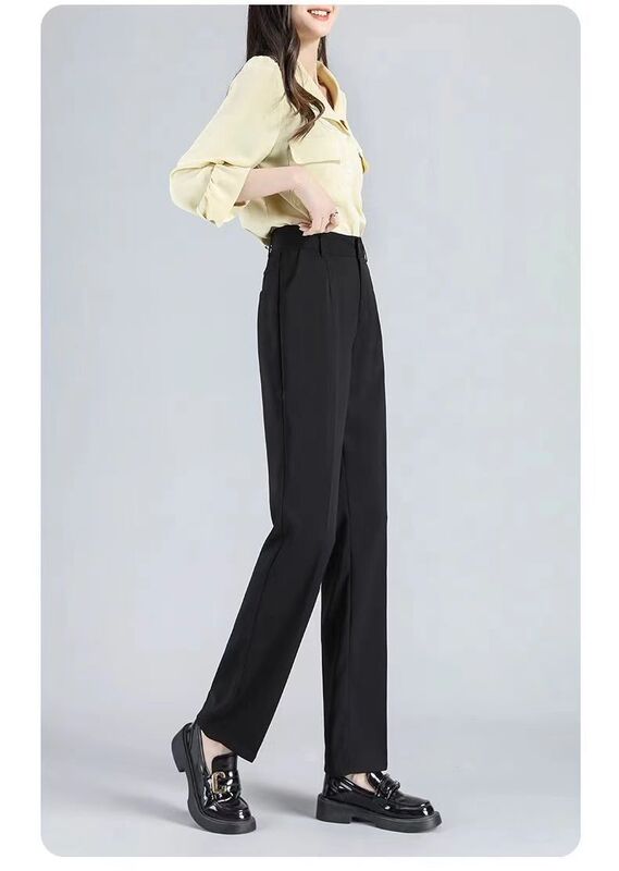 Mid-High Waist Loose-Fitting Suit Pants, New Style with Elastic Back Waist, Professional Drapey Trousers, Long Straight-Leg Pants, Black, Spring and Autumn Style