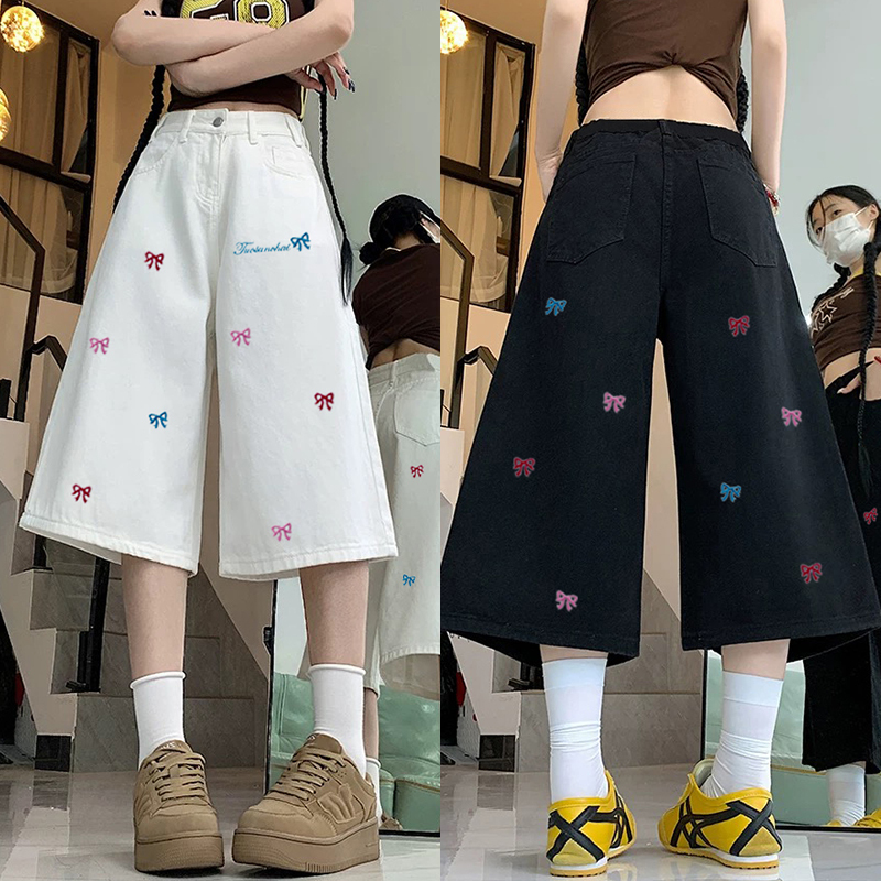 American Retro Denim Shorts for Women, Summer Embroidered High-Waisted Slimming Loose Casual Versatile Straight Wide-Leg Cropped Pants