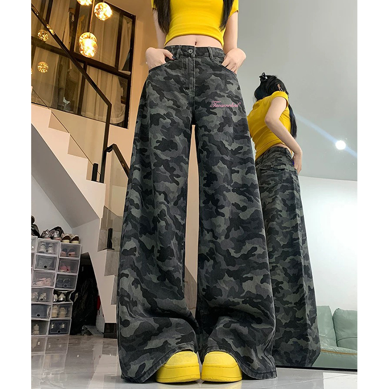 American Retro Workwear Denim Wide-Leg Pants for Women, New Camouflage High-Waisted Slimming Loose Casual Straight-Leg Floor-Length Pants American Retro Workwear Denim Wide-Leg Pants for Women, New Camouflage High-Waisted Slimming Loose Casual Straight-Leg Floor-Length Pants