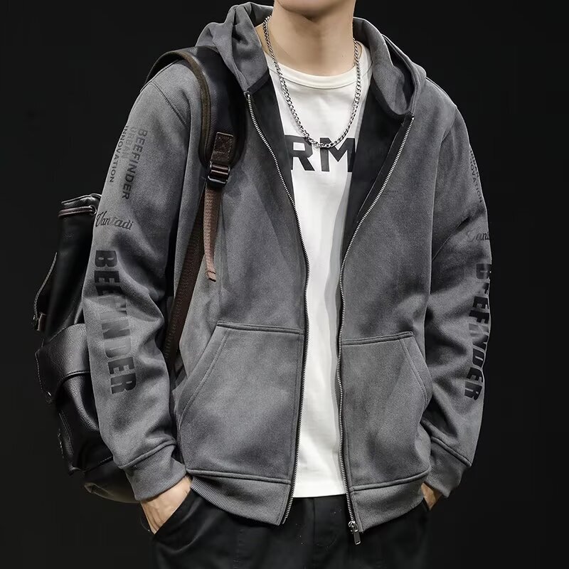 American-Style Suede Zipper Cardigan Sweatshirt with Hood, Spring and Autumn Men's Loose Large Size Long-Sleeved Top, Sports Jacket